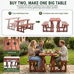 English Elm 2-in-1 Convertible Solid Wood Picnic Table Bench Outdoor Patio Set Umbrella Ready W1422P455836