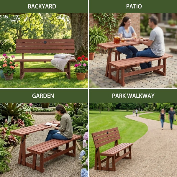English Elm 2-in-1 Convertible Solid Wood Picnic Table Bench Outdoor Patio Set Umbrella Ready W1422P455836