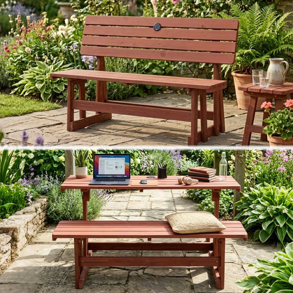 English Elm 2-in-1 Convertible Solid Wood Picnic Table Bench Outdoor Patio Set Umbrella Ready W1422P455836