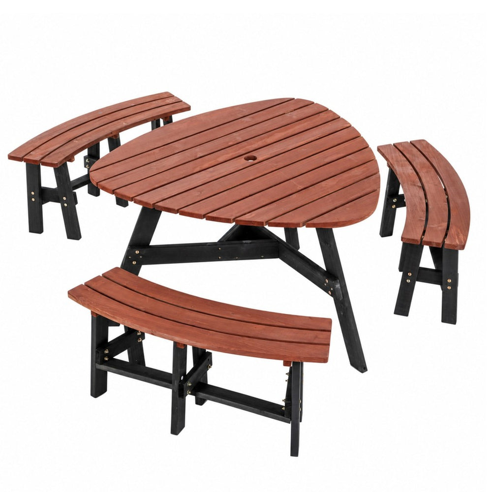 English Elm 6-person Solid Fir Wood Semi-circular Picnic Table Outdoor Set with Built-in Benches W1422P456690