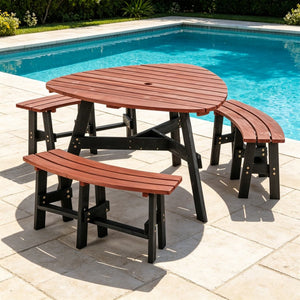 English Elm 6-person Solid Fir Wood Semi-circular Picnic Table Outdoor Set with Built-in Benches W1422P456690