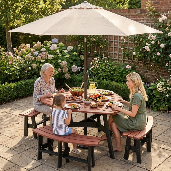 English Elm 6-person Solid Fir Wood Semi-circular Picnic Table Outdoor Set with Built-in Benches W1422P456690