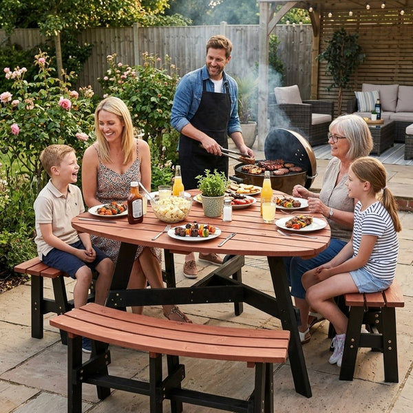 English Elm 6-person Solid Fir Wood Semi-circular Picnic Table Outdoor Set with Built-in Benches W1422P456690