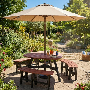 English Elm 6-person Solid Fir Wood Semi-circular Picnic Table Outdoor Set with Built-in Benches W1422P456690
