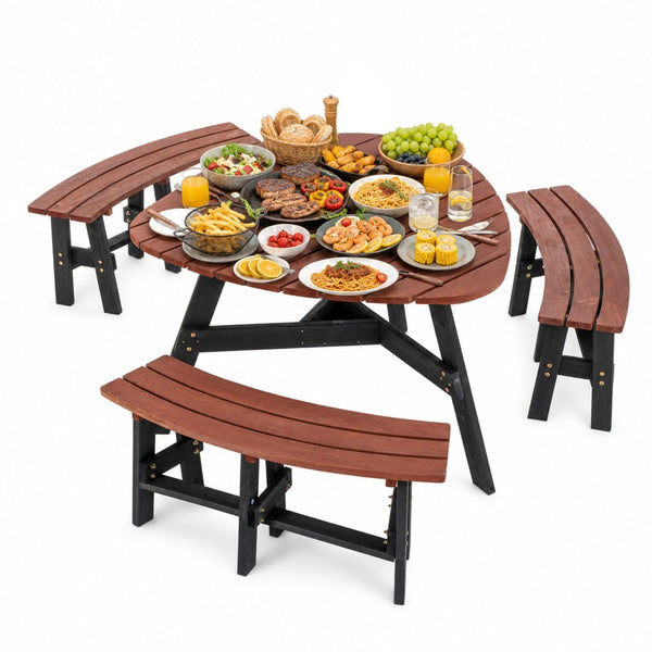 English Elm 6-person Solid Fir Wood Semi-circular Picnic Table Outdoor Set with Built-in Benches W1422P456690