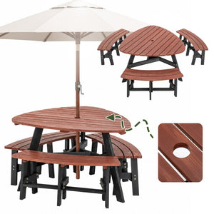 English Elm 6-person Solid Fir Wood Semi-circular Picnic Table Outdoor Set with Built-in Benches W1422P456690