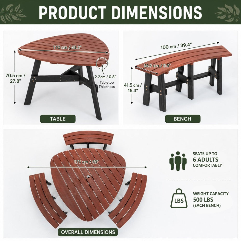 English Elm 6-person Solid Fir Wood Semi-circular Picnic Table Outdoor Set with Built-in Benches W1422P456690