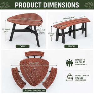 English Elm 6-person Solid Fir Wood Semi-circular Picnic Table Outdoor Set with Built-in Benches W1422P456690