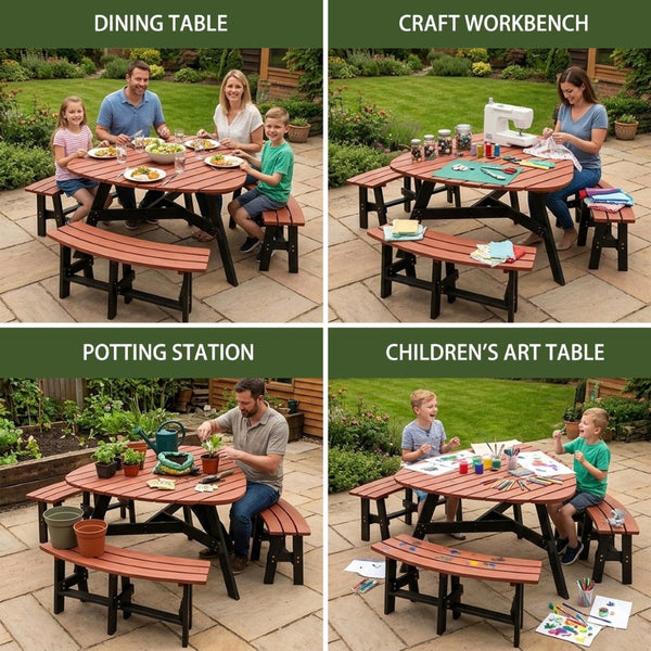 English Elm 6-person Solid Fir Wood Semi-circular Picnic Table Outdoor Set with Built-in Benches W1422P456690