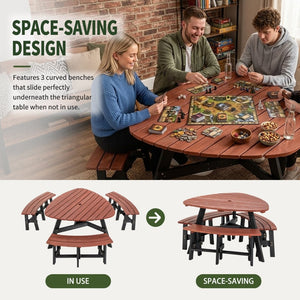 English Elm 6-person Solid Fir Wood Semi-circular Picnic Table Outdoor Set with Built-in Benches W1422P456690