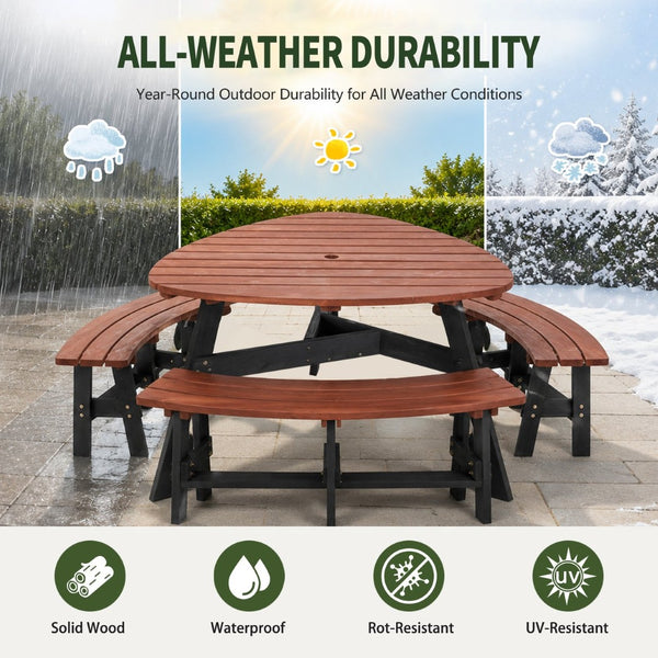 English Elm 6-person Solid Fir Wood Semi-circular Picnic Table Outdoor Set with Built-in Benches W1422P456690