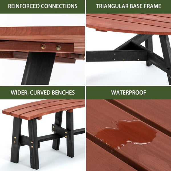 English Elm 6-person Solid Fir Wood Semi-circular Picnic Table Outdoor Set with Built-in Benches W1422P456690