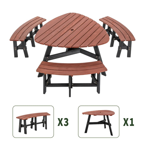 English Elm 6-person Solid Fir Wood Semi-circular Picnic Table Outdoor Set with Built-in Benches W1422P456690
