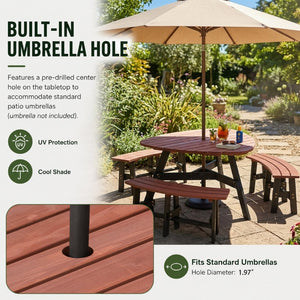 English Elm 6-person Solid Fir Wood Semi-circular Picnic Table Outdoor Set with Built-in Benches W1422P456690