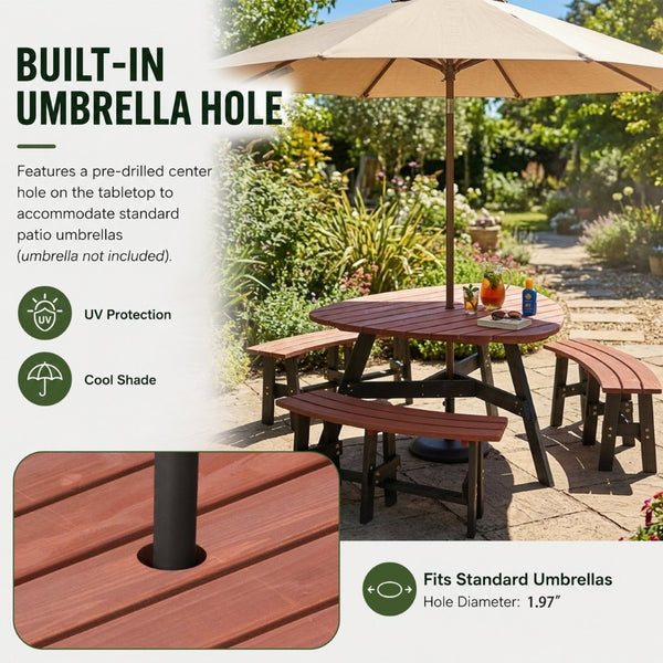English Elm 6-person Solid Fir Wood Semi-circular Picnic Table Outdoor Set with Built-in Benches W1422P456690