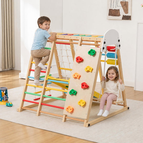 English Elm 9-in-1 Foldable Wooden Kids Playset with Slide Swing Monkey Bars and Climbing Rock W1422P474540