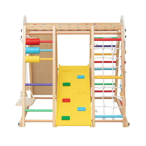 English Elm 9-in-1 Foldable Wooden Kids Playset with Slide Swing Monkey Bars and Climbing Rock W1422P474540