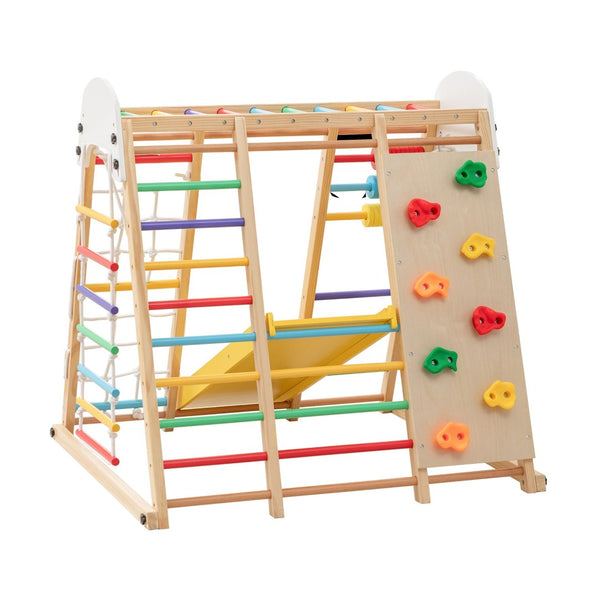English Elm 9-in-1 Foldable Wooden Kids Playset with Slide Swing Monkey Bars and Climbing Rock W1422P474540