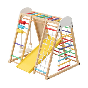 English Elm 9-in-1 Foldable Wooden Kids Playset with Slide Swing Monkey Bars and Climbing Rock W1422P474540
