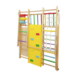 English Elm 9-in-1 Foldable Wooden Kids Playset with Slide Swing Monkey Bars and Climbing Rock W1422P474540