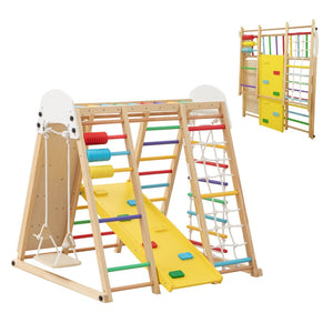 English Elm 9-in-1 Foldable Wooden Kids Playset with Slide Swing Monkey Bars and Climbing Rock W1422P474540