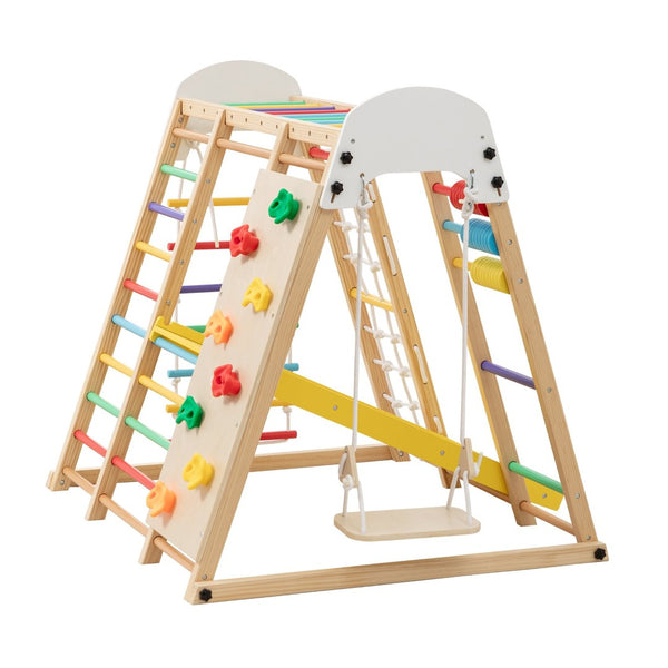 English Elm 9-in-1 Foldable Wooden Kids Playset with Slide Swing Monkey Bars and Climbing Rock W1422P474540