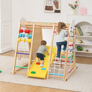 English Elm 9-in-1 Foldable Wooden Kids Playset with Slide Swing Monkey Bars and Climbing Rock W1422P474540