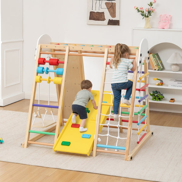 English Elm 9-in-1 Foldable Wooden Kids Playset with Slide Swing Monkey Bars and Climbing Rock W1422P474540