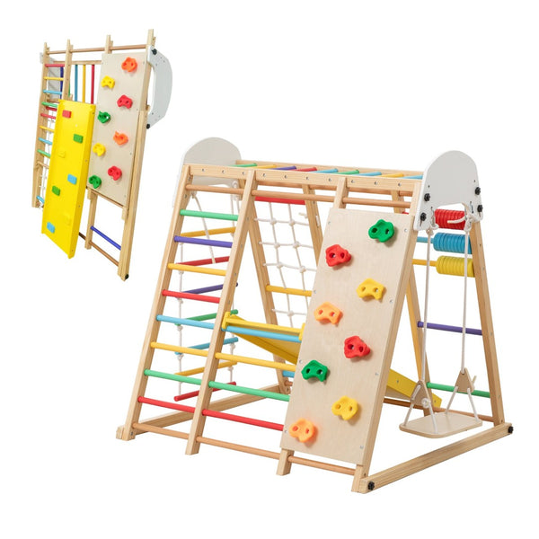 English Elm 9-in-1 Foldable Wooden Kids Playset with Slide Swing Monkey Bars and Climbing Rock W1422P474540