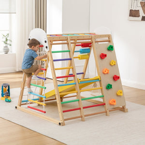English Elm 9-in-1 Foldable Wooden Kids Playset with Slide Swing Monkey Bars and Climbing Rock W1422P474540