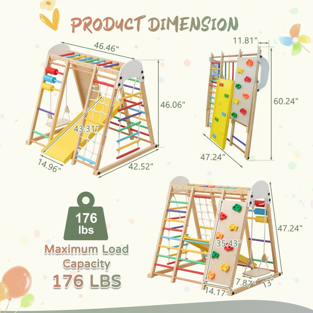 English Elm 9-in-1 Foldable Wooden Kids Playset with Slide Swing Monkey Bars and Climbing Rock W1422P474540