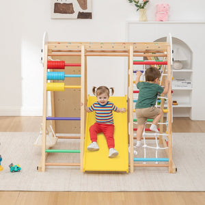 English Elm 9-in-1 Foldable Wooden Kids Playset with Slide Swing Monkey Bars and Climbing Rock W1422P474540