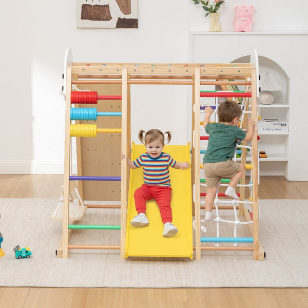 English Elm 9-in-1 Foldable Wooden Kids Playset with Slide Swing Monkey Bars and Climbing Rock W1422P474540
