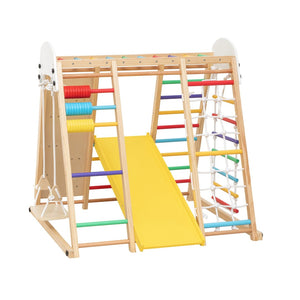 English Elm 9-in-1 Foldable Wooden Kids Playset with Slide Swing Monkey Bars and Climbing Rock W1422P474540