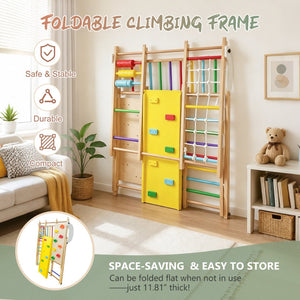 English Elm 9-in-1 Foldable Wooden Kids Playset with Slide Swing Monkey Bars and Climbing Rock W1422P474540
