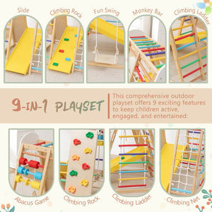 English Elm 9-in-1 Foldable Wooden Kids Playset with Slide Swing Monkey Bars and Climbing Rock W1422P474540