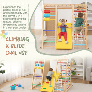English Elm 9-in-1 Foldable Wooden Kids Playset with Slide Swing Monkey Bars and Climbing Rock W1422P474540