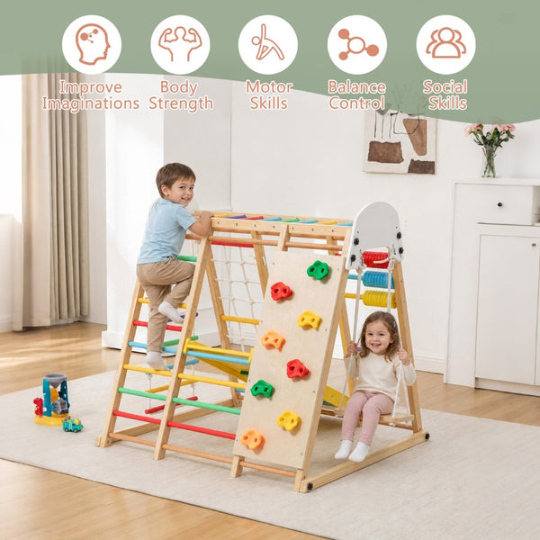 English Elm 9-in-1 Foldable Wooden Kids Playset with Slide Swing Monkey Bars and Climbing Rock W1422P474540