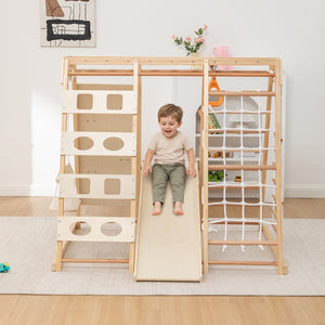 English Elm 9-in-1 Solid Wood Toddler Climbing Structure with Slide for Active Indoor Play W1422P474541