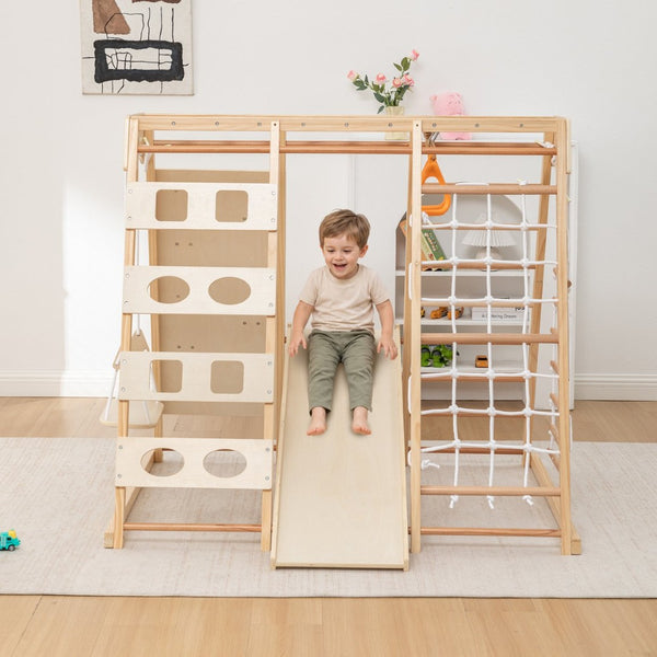 English Elm 9-in-1 Solid Wood Toddler Climbing Structure with Slide for Active Indoor Play W1422P474541