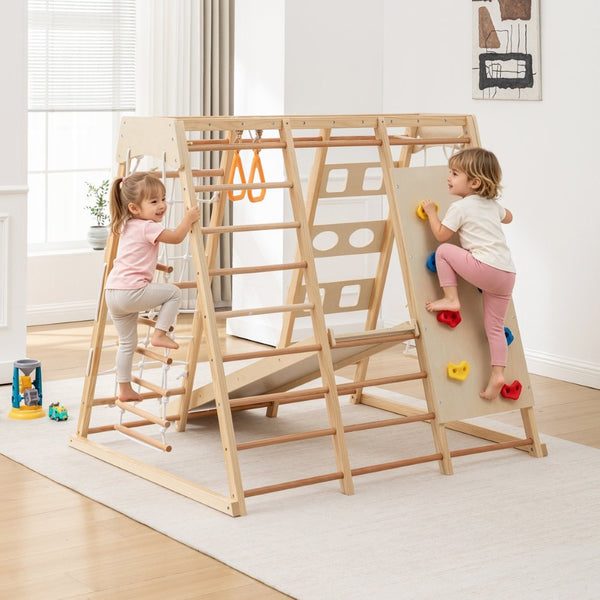 English Elm 9-in-1 Solid Wood Toddler Climbing Structure with Slide for Active Indoor Play W1422P474541