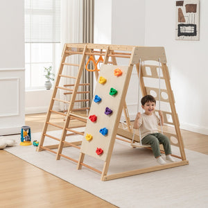 English Elm 9-in-1 Solid Wood Toddler Climbing Structure with Slide for Active Indoor Play W1422P474541