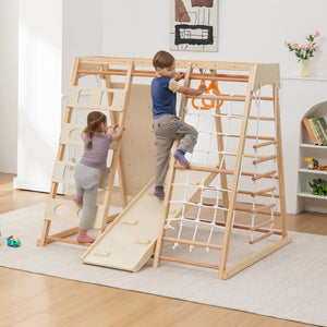 English Elm 9-in-1 Solid Wood Toddler Climbing Structure with Slide for Active Indoor Play W1422P474541