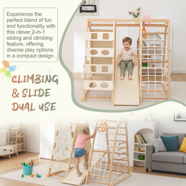 English Elm 9-in-1 Solid Wood Toddler Climbing Structure with Slide for Active Indoor Play W1422P474541