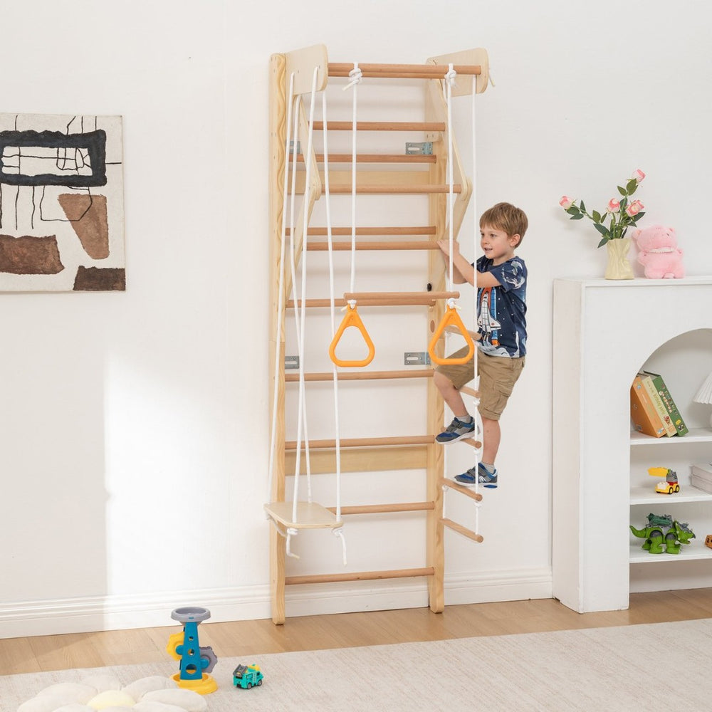 English Elm 6-in-1 Swedish Wall Gym Solid Birch Climbing Ladder Swing Rings Family Fitness W1422P474542