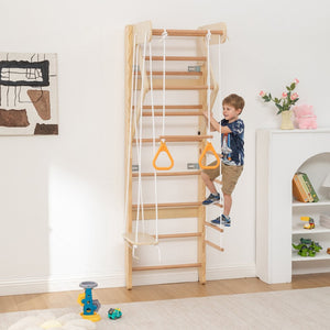 English Elm 6-in-1 Swedish Wall Gym Solid Birch Climbing Ladder Swing Rings Family Fitness W1422P474542