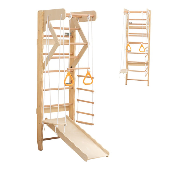 English Elm 6-in-1 Swedish Wall Gym Solid Birch Climbing Ladder Swing Rings Family Fitness W1422P474542
