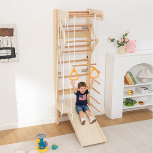 English Elm 6-in-1 Swedish Wall Gym Solid Birch Climbing Ladder Swing Rings Family Fitness W1422P474542