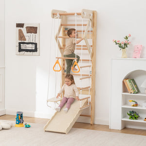 English Elm 6-in-1 Swedish Wall Gym Solid Birch Climbing Ladder Swing Rings Family Fitness W1422P474542