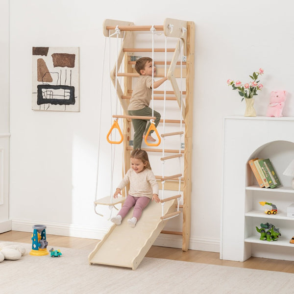 English Elm 6-in-1 Swedish Wall Gym Solid Birch Climbing Ladder Swing Rings Family Fitness W1422P474542
